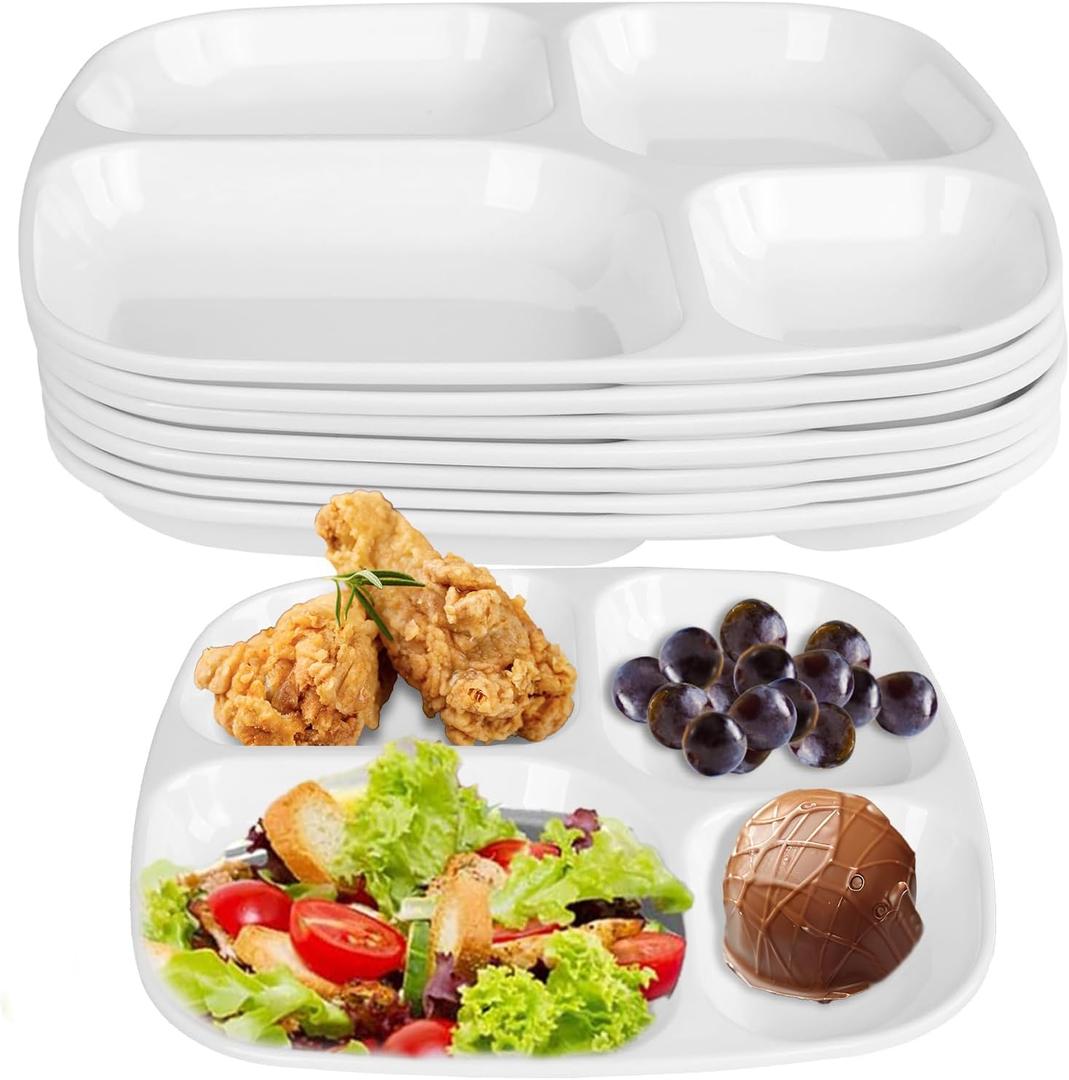 Divided Meal Tray, 8 PCS 10 Inch Melamine Dinner Plates for Adults, 4 Compartment Portion Control Plate, Sectional Food Tray for Salad, Noodles, BPA-Free Reusable Serving Platter for Camping