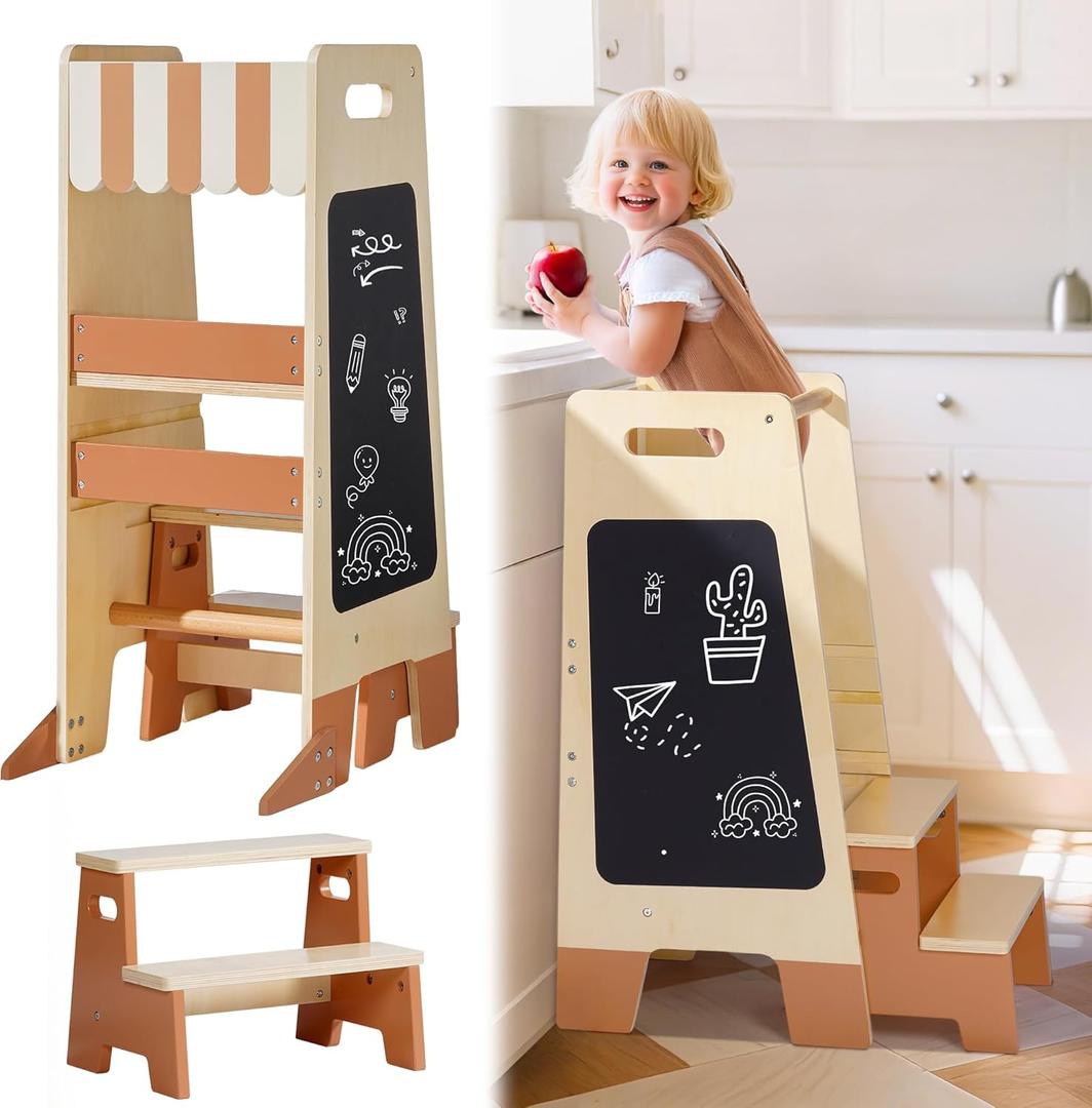 ROBOTIME Toddler Standing Tower, Learning Tower with Step Stool Set, 2-in-1 for Kids, Adjustable Height Toddler Tower for Kitchen & Bathroom, Learning Tower with Blackboard for 2 Year Old