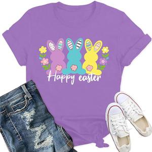 Qskall Easter Shirts for Women Happy Easter T-Shirt Cute Bunny Tee Tops Purple L