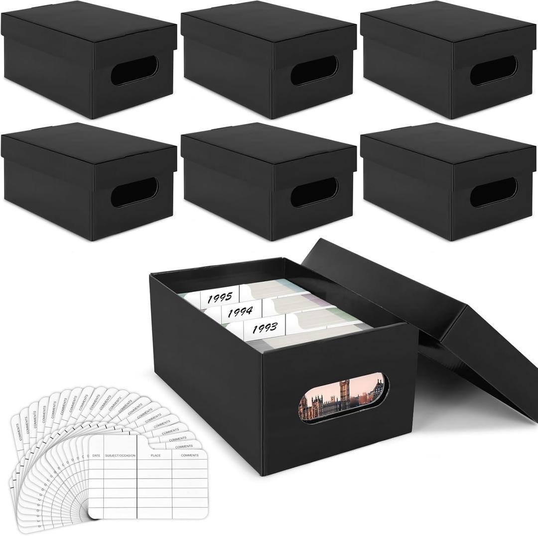 6Pcs Photo Boxes Storage for 4''x6'' Photos with 20 Sheets Year Dividers 10.4'' x 6.5'' x 4.7'' Picture Box to Store and Protect Pictures Documents Black Photo Storage Box (6)