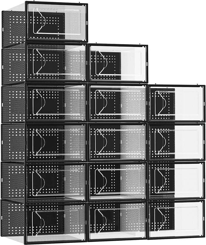 Shoe Storage Box, 15 Pack Clear Plastic Stackable Shoe Organizer for Closet, Interlocking Design Shoe Container Bins for Sneakers, Foldable Shoe Rack with Lids, Black