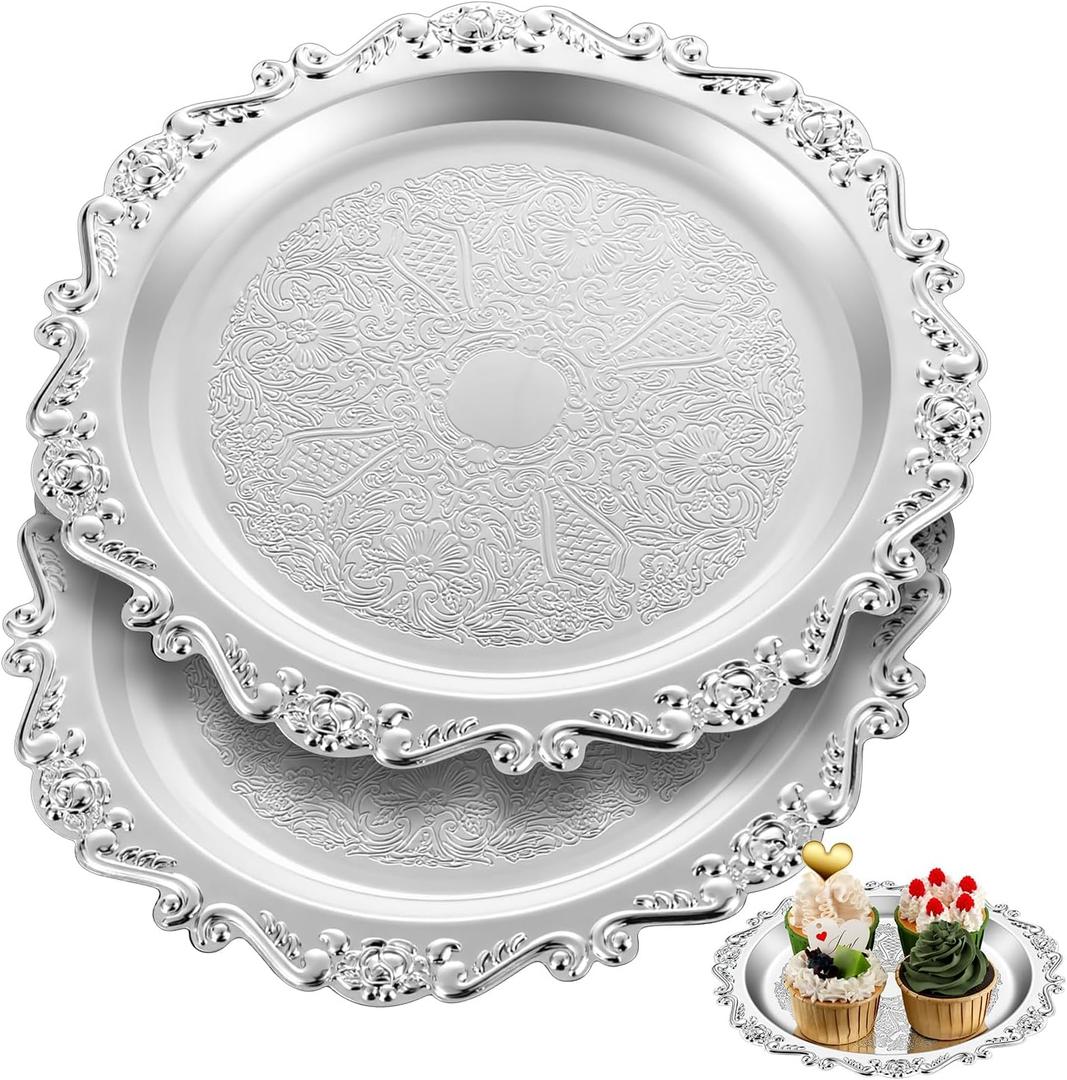 2 Pcs Silver Serving Plates 9.8 Inch Round Platter Serving Tray Decorative Vintage Metal Dessert Plates Vanity Trinket Dishes Jewelry Storage for Wedding Birthday Party Centerpiece