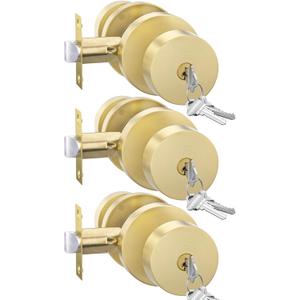 Goldenwarm Gold Exterior Door Knobs, Zinc Alloy Brushed Gold Keyed Entry Door Knob with Lock, Brushed Brass Door Knob with Lock and Key, Heavy Duty Round Ball (3 Pack)