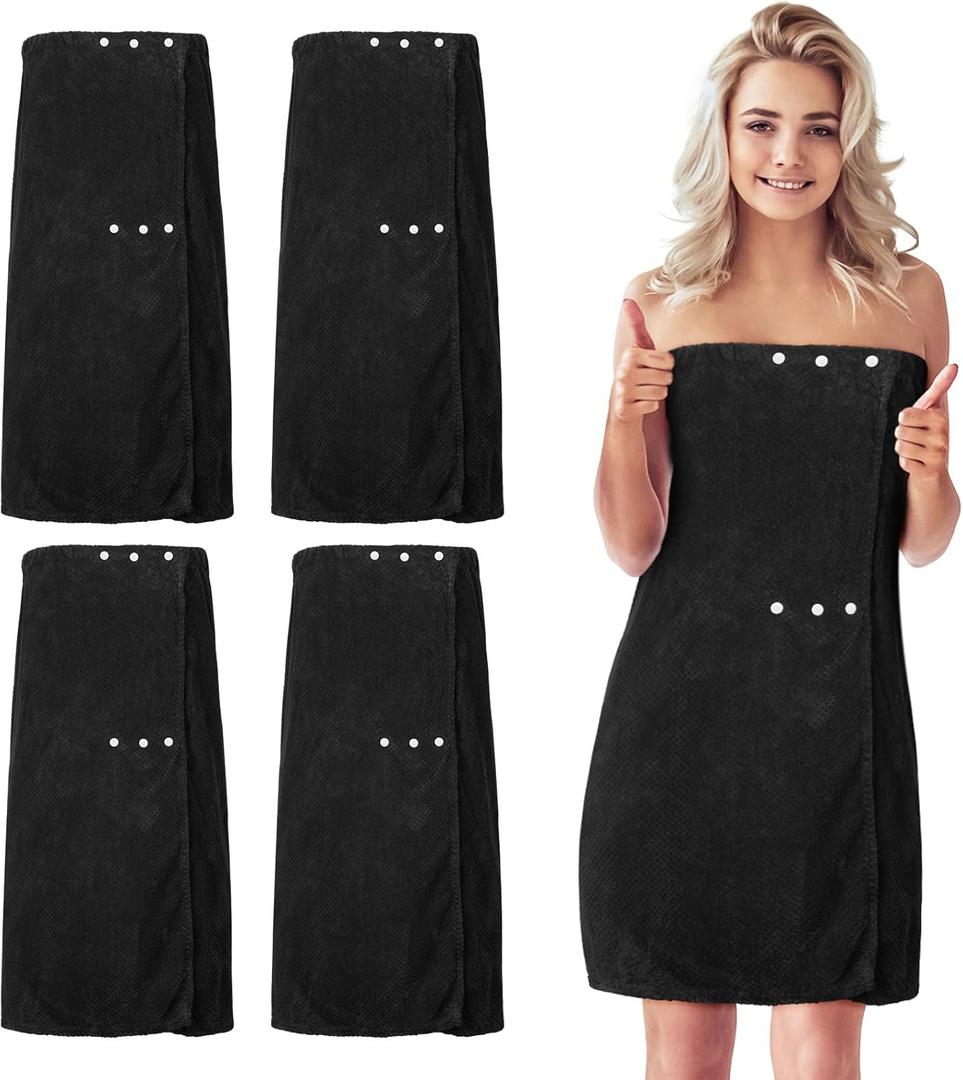 Tigeen 4 Pcs Spa Wrap Towel Wrap for Women Spa Robe with Adjustable Closure Elastic Top Lightweight Wraps for Bath Shower(M,Black)