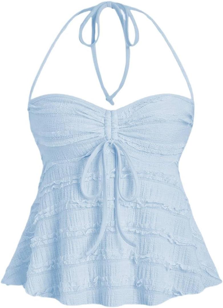 SOLY HUX Women's Peplum Halter Crop Tops Y2K Drawstring Tie Ruched Dressy Casual Spaghetti Strap Cami Top Large, Solid Blue
