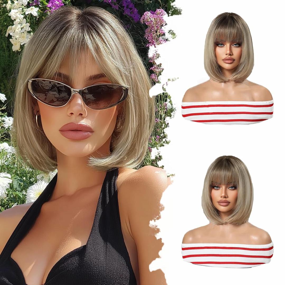 Short Blonde Bob Wig with Bangs Ombre Wig Short Blonde Wigs for Women 12 Inch Synthetic Wig Straight Highlights Wig Natural Hair Replacement Wigs for Holiday Cosplay Daliy Party Use