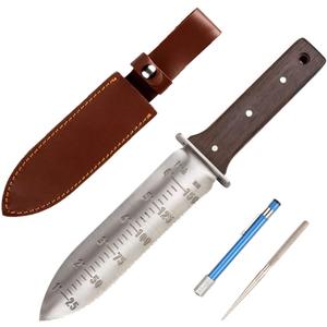 12" Hori Hori Garden Knife with FREE Diamond Sharpening Rod, Stainless Steel Blade with Protective Handguard and Full Tang Handle, Comes with Thick Sheath and Gift Box