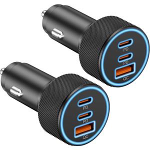 USB C Car Charger, 3-Port 67W Dual USBC & USB-A Car Phone Accessories Fast Power Adapter Cargador Carro PD/QC Cigarette Lighter for iPhone 17/16/15, iPad, Samsung Galaxy S25/S24, Android, 2-Pack