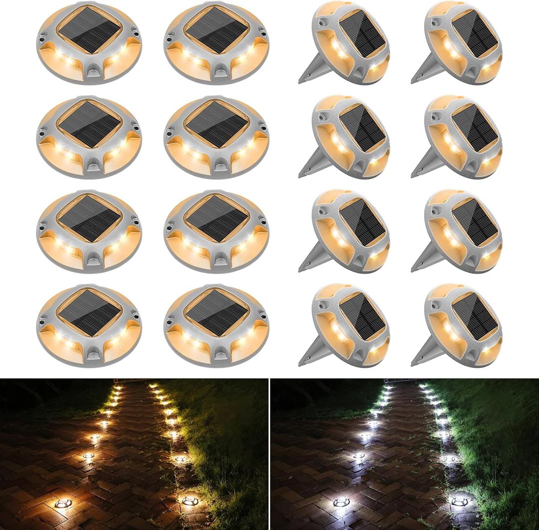 VOLISUN Solar Driveway Lights Dock Deck Lights 16 Pack,2 Colors in 1 Led IP67 Waterproof Outdoor Warning Step Lights for Driveway Sidewalk Pathway (White/Warm White)