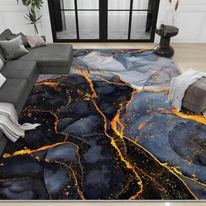Black Gold Marble Area Rug Modern Abstract Floor Mats Grey Washable Rugs Mat Non-Slip Low-Pile Thick Soft Comfortable Floor Carpet Decorative for Home Living Room Bedroom Office 4x6（ft）