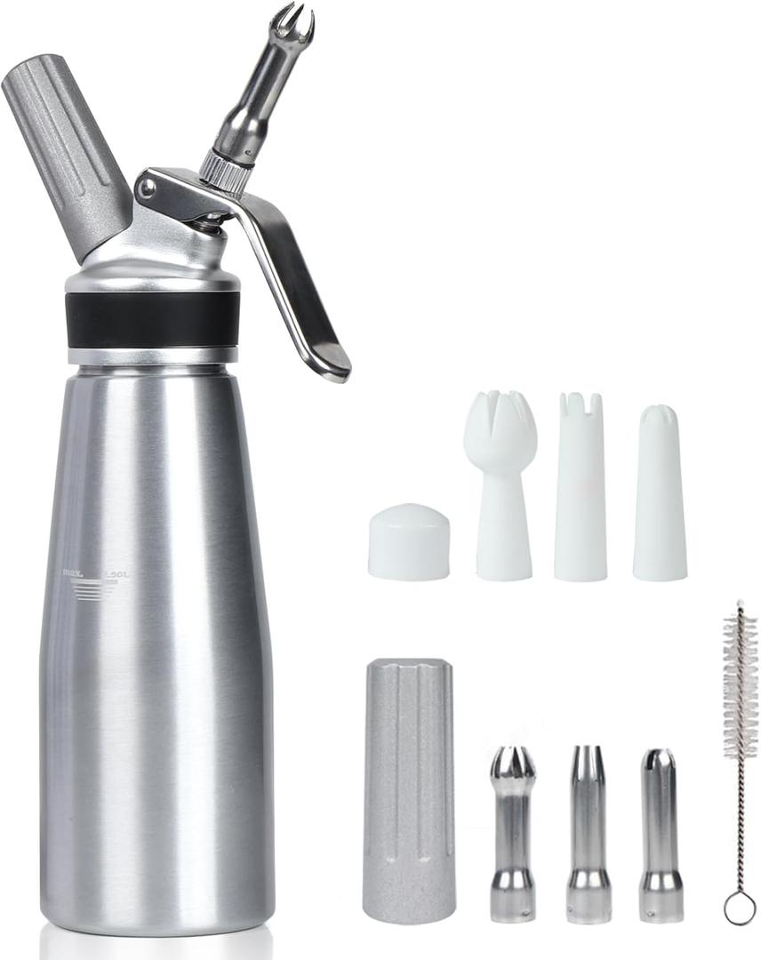 Whipped Cream Dispenser,500ml Whipped Cream Charger with Sturdy Aluminum Body And Head,Cream Maker with 6 Decorating Nozzles,Use Standard 8 Gram N2O Chargers (Not Included) (1 Pint-silver)