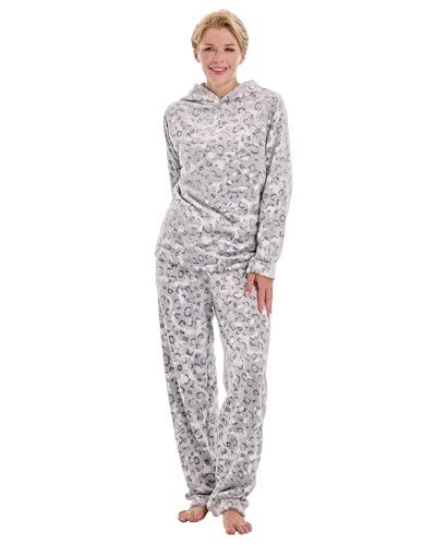 Istylish Womens Pajamas Fleece Set Jogger Sets Pajamas For Women Sets Soft 2 Piece With Hoodie(Lapel Grey leopard XXL)