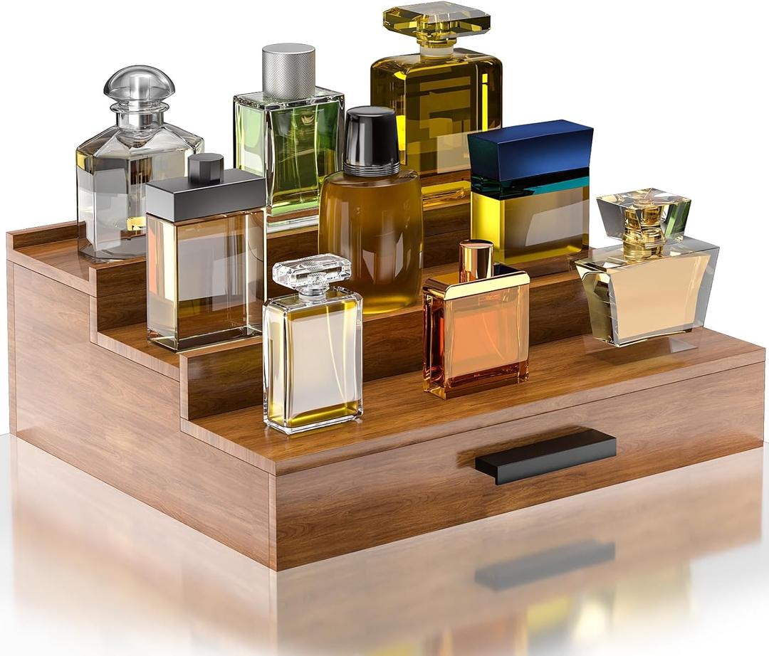 Walnut Wood Cologne Organizer for Men 3 Tier Cologne Stand,Wooden Cologne Holder Display Shelf with Hidden Compartment and Drawer,Perfume Organizer Great Gift for Men