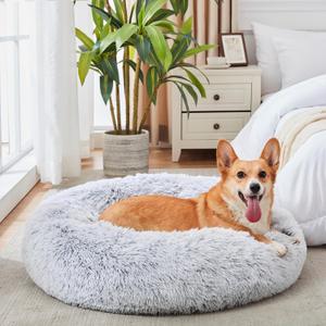 WESTERN HOME WH Calming Dog & Cat Bed, Anti-Anxiety Donut Cuddler Warming Cozy Soft Round Bed, Fluffy Faux Fur Plush Cushion Bed for Small Medium Dogs and Cats (20"/24"/27"/30") (Light Grey)