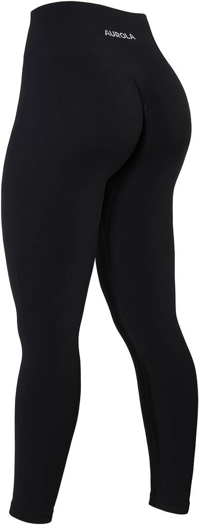 AUROLA Power Workout Leggings for Women Tummy Control Squat Proof Ribbed Thick Seamless Scrunch Active Pants (Large, Black)