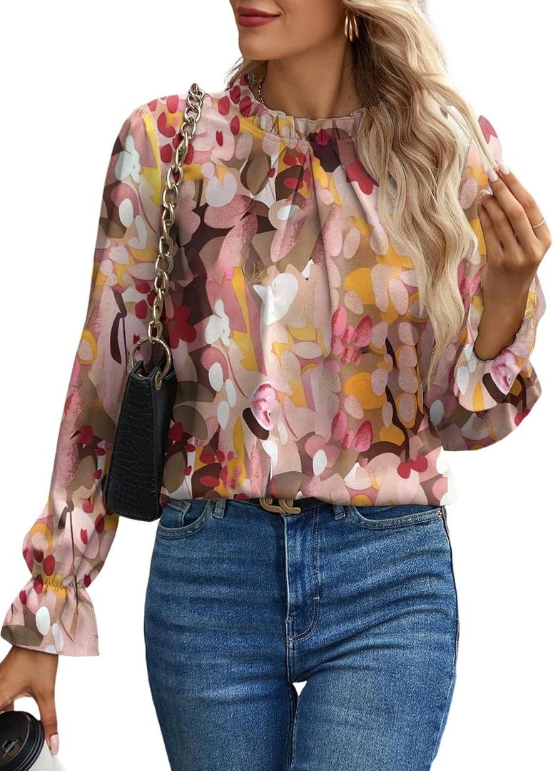 Women's Swiss Dot Shirt Ruffle Long Sleeve Pleated Crewneck Blouse Casual Loose Tops (16 Boho Floral) S