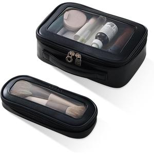 EACHY Clear Makeup Bag Cosmetic Organizer, Waterproof Travel Cosmetic Case with Zipper for Women, Transparent Toiletry and Skincare Pouch, Portable Car or Purse Bag for Travel Essentials (Medium Slim, Black)