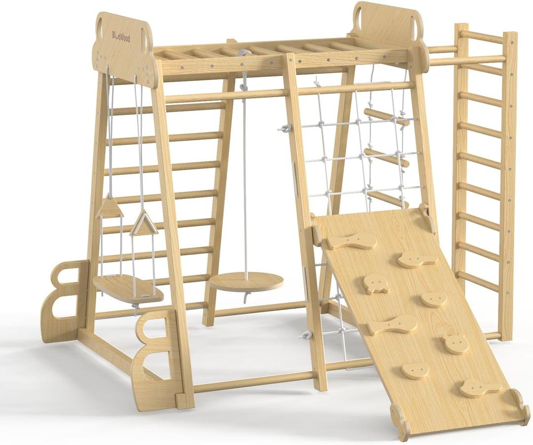 BlueWood Upgraded Indoor Jungle Gym 9-in-1 Playground Kids Climbing Toys, Waldorf Style Wooden Climber Playset with Slide, Swing, Monkey Bars, Upright/Rope Ladder, Climb Net, Natural Wood