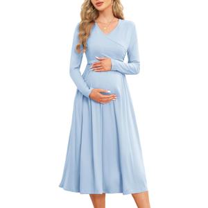Women's 2024 Fall Patchwork Maternity Nursing Dress with Pockets Long Sleeve V Neck Clothes Midi Pregnancy Dresses (Medium, Solid, Light Blue)