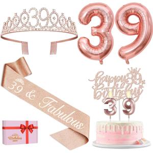 39th Birthday Decorations for Women, Including 39th Birthday Sash and Tiara, Cake Topper and Candles, Number Balloons, 39 Year Old Gifts for Women