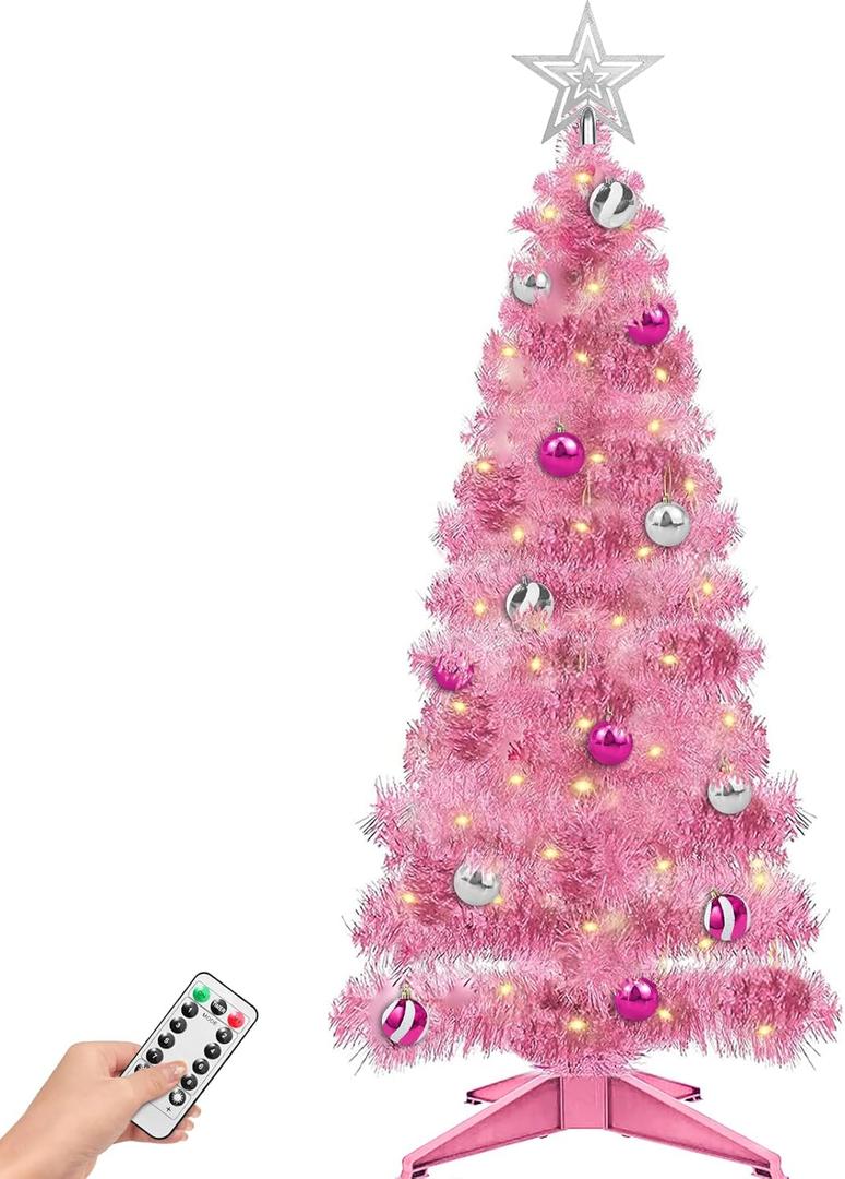 4 Ft Pink Christmas Tree Remote Control 8 Modes 100 Warm White Lights 18 Christmas Ball Ornaments 3D Star Battery Operated Small Xmas Tree Table Indoor Holiday Party Decor