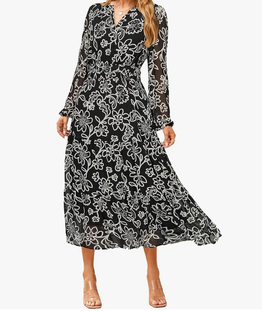 Simplee Women's Floral Boho Long Sleeve Maxi Dress V Neck Empire Waist Swing Flowy Wedding Guest Dress XL Black White Floral