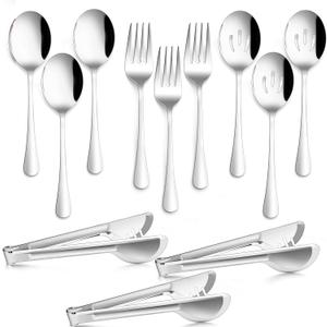 12-Piece Large Serving Utensils Set, E-far Stainless Steel 9.8 Inch Serving Slotted Spoons, 9.9 Inch Fork, 9.4 Inch Tong for Buffet Catering Banquet, Mirror Finish & Dishwasher Safe