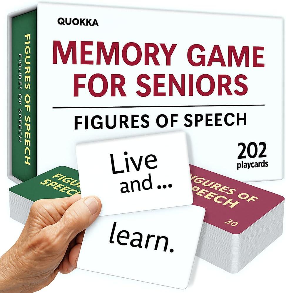 QUOKKA Elderly Memory Games for Seniors  202 Cards for Alzheimer's or Dementia Activities  Expression Brain Card Games for Seniors with Dementia  2 Levels, Visual Clues, Premium Gift Box