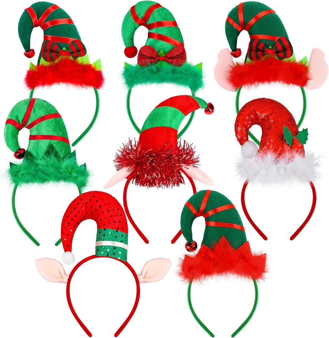 Aodaer 8 Pack Christmas Headbands Cute Elf Hat Costume Headwear Christmas Hair Hoop for Christmas Party Holiday Favors Elves Party Decoration