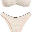 ZAFUL Women's Strapless Bikini Openwork Textured Bow Ruched Lace Up High Cut Bandeau Swimsuit Bathing Suits L