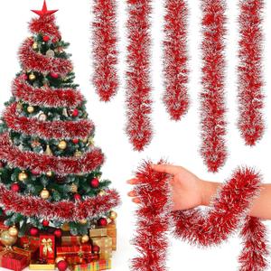 Poen 100 ft Christmas Tinsel Garland Christmas Tree Decorations Metallic Tinsel Thick Twist Garland Xmas Party Supplies for Indoor Outdoor Fireplace Mantle(Red, White)