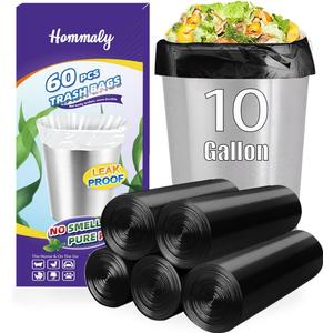 10 Gallon 60pcs Black Trash Bags Strong Black Garbage Bags, Bathroom Trash Can Bin Liners, Plastic Bags for Office Home Kitchen, Waste Basket Liner, Fit 30 Liter, 10 Gal(10G60-Black)