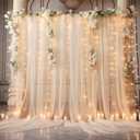 10x10ft Champagne Tulle Backdrop Curtain with Lights String for Parites, Sheer Photo Backdrop Curtains with Lights for Wedding Backdrop Ceremony Reception Bridal Shower Baby Shower Birthday Party