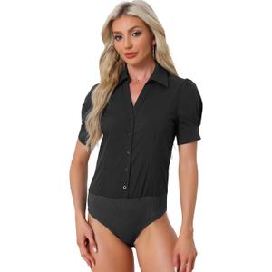 Allegra K Women's Button Down Leotard Shirt Short Sleeve Collared Business Work Bodysuit Tops Small Black