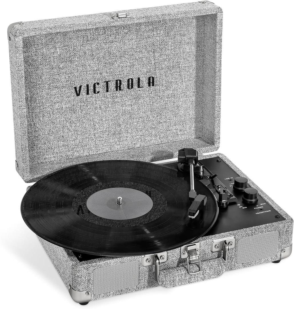 Victrola Journey+ Signature Turntable Record Player  33-1/3, 45 & 78 RPM Suitcase Vinyl Record Player, Bluetooth Connectivity & Built-in Speakers, Stereo RCA Output, Linen Finish (Light Grey Linen)