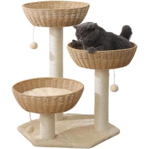 SHENGOCASE Cat Tree Tower with Rattan Wicker Basket, 3 Handwoven Large Nest Baskets Bed, Window Perch for Large Cats up to 20LBS