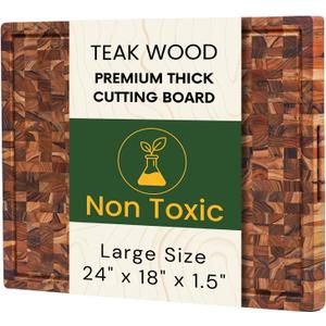 Premium Teak Wood XL End Grain Butcher Block Cutting Board 24" x 18" x 1.5" Thick Cutting Board for Meat & BBQ Prep, Knife-Friendly Cutting Board with Juice Groove & Handle by New M Way, 24"L x 18.1"W