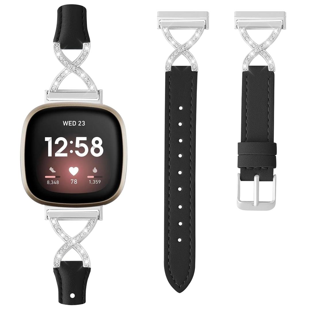 Kimiyaki Leather Band Compatible for Fitbit Versa 4/Versa 3/Fitbit Sense 2/Sense, Bling Dressy Watch Strap with X-Shaped Buckle for Women