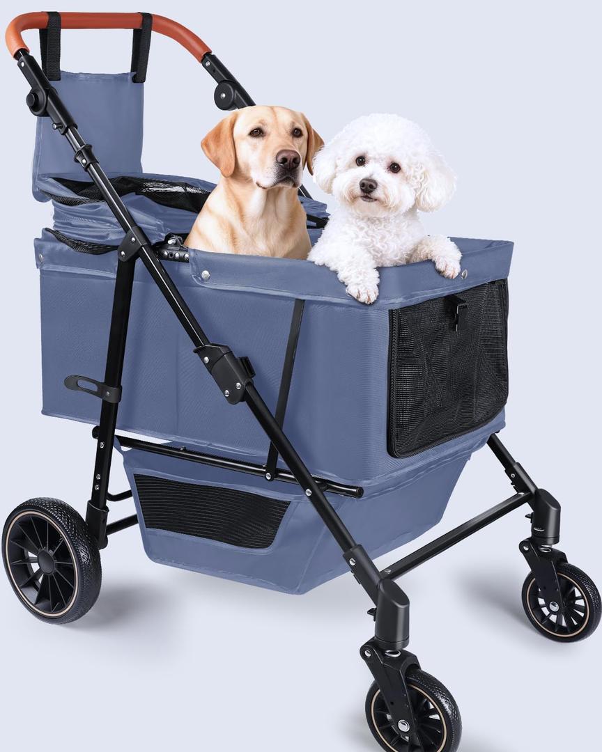 Dog Stroller for Large & Medium Dogs, Pet Stroller for 2 Small Dogs, Extra Large Heavy Duty, Foldable Design, Adjustable Handle, with Pocket, Up to 66lbs(Navy Blue)