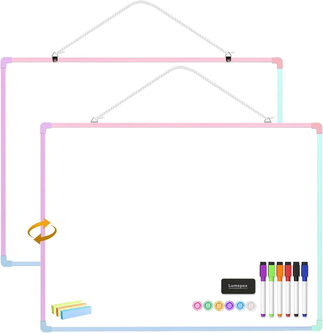Dry Erase Board for Wall, 24" x 18" Double-Sided Hanging Magnetic Whiteboard with 6 Markers, 6 Magnets and 3 Mini Sticky Notes, Large White Board for School, Home, Office, Colorful Frame