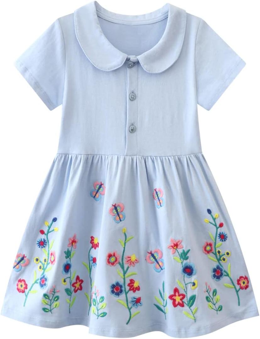 Girls Cotton Long Sleeve Casual Cartoon Appliques Striped Jersey Dresses 6Y