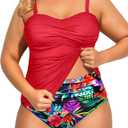 Aqua Eve Women Two Piece Plus Size Tankini Strapless Bathing Suits Bandeau Swimsuits with High Waisted Bottom (18 W, Red Floral)