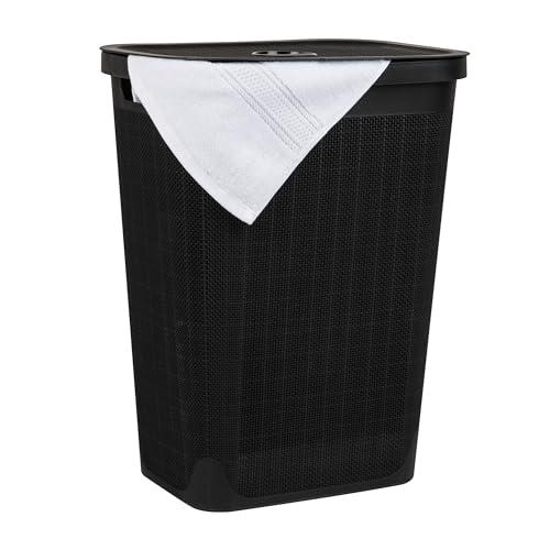 Mind Reader 60L Slim Laundry Hamper, Clothes Basket, Lid, Linen Design, Plastic, Black