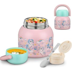 17 Oz Thermo Food Jar for Hot & Cold Food for Kids, Insulated Lunch Containers Hot Food Jar with Spoon,Comfy Handle,Leak-Proof Vacuum Stainless Steel Wide Mouth Lunch Soup Thermo for School (Pink - Unicorn)