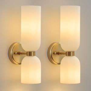 Mid Century Bathroom Wall Sconce - Set of 2 Modern Brushed Gold Brass Sconces - Frosted Milk White Glass Indoor Dimmable Lighting Fixture with Bulb - Double Vanity Lights for Bedroom Living Room Decor