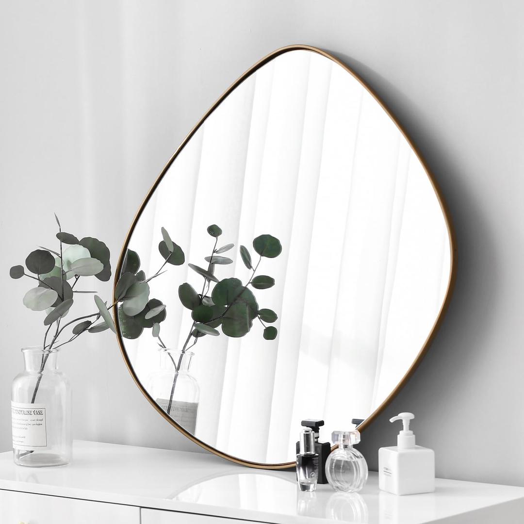 Asymmetrical Wall Mirror Metal Brass Framed Wall Mirror for Living Room Bedroom Bathroom Entryway Wall Decor 19.8" L x 19" W ELE-005G