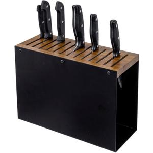 MyGift 13 Slot Deluxe Natural Acacia Solid Wood and Matte Black Metal Universal Knife Block, Kitchen Countertop Cutlery Holder, Safe Blade Storage Knives Rack