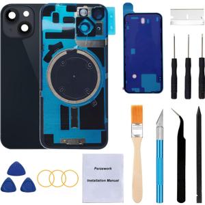 Rear Back Glass Replacement for iPhone 14 6.1-inches with + Pre-Installed Plate and Camera Frame and Lens + Reparing Tool Kit (Midnight Black)