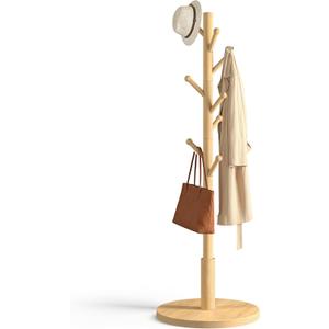Coat Rack Freestanding Wooden Coat Tree Stand with 8 Round-tip Hooks, 3 Adjustable heights Coat Hat Rack for Entryway,Bedroom,Hallway,Office (Natural)