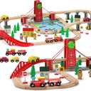 SainSmart Jr. Wooden Train Set for Toddler, Double-Side Wood Train Track with 4 Trains Fits Brio, Thomas, Melissa and Doug, Toy Railway Kit for Kids Ages 3+